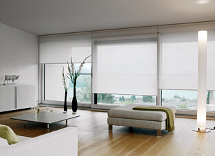 Moderner Wohnraum in hellen tönen mit hellgrünen Akzenten. Große Fensterfront mit Kettenzug-Rollos als Reihenanlage.