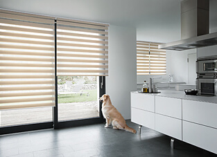 Eine moderne, helle Küche mit dunklem Fliesenboden. Große Schiebetüren zum Garten sind mit einem Doppelrollo in hellen Beige- und Weißtönen ausgestattet, das durch horizontale, transparente und blickdichte Streifen den Lichteinfall reguliert. Ein goldfarbener Hund sitzt vor der Tür und schaut nach draußen. Ein weiteres Doppelrollo ist über der Küchenarbeitsplatte sichtbar.