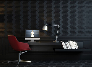 Schwarz gehaltener Büroraum mit rotem Sessel, silberner Schreibtischlampe und weißen Büchern. An der Wand zeitlose schwarze Wandpaneele.