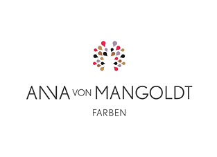 Das Logo von ANNA VON MANGOLDT FARBEN. Es zeigt einen stilisierten Baum oder eine Pflanze, deren Blätter oder Früchte aus bunten, tropfenförmigen Elementen in Rot, Pink, Lila, Grau und Braun bestehen. Darunter steht der Name "ANNA VON MANGOLDT" und darunter das Wort "FARBEN".