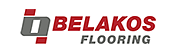 Das Logo von BELAKOS FLOORING. Es zeigt den Namen "BELAKOS" in fetter, roter Großschrift und darunter "FLOORING" in kleinerer, grauer Schrift. Links daneben steht ein stilisiertes, graues und rotes Initial-Emblem.