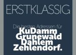 ERSTKLASSIG Magazin Cover. Dunkel blau grauer Untergrund mit weißer Schrift "Erstklassig Die besten Adressen für KuDamm Grunewald Dahlem Zehlendorf. www.erstklassig.berlin".