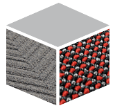 Isometrische Darstellung eines Würfels, der drei verschiedene Bodenbelagsstrukturen zeigt: eine glatte helle Oberfläche, eine graue Textur mit diagonalen Linien und ein gewebtes Muster in Rot, Schwarz und Grau.