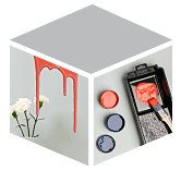 Stilistisch dargestellter Würfel mit drei Seiten mit grauem Untergrund auf frei gemachtem Hintergrund. Links die Fläche mit rot runter laufender Farbe und drei weißen Blumen, rechts die Fläche mit einem kleinen schwarzen Farbabroller und drei Farbtöpfen, zwei blaue und ein roter.