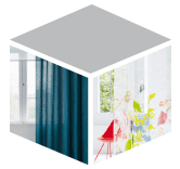 Isometrische Würfeldarstellung, die zwei Beispiele für Gardinen von Zimmermann Interiordesign zeigt. Die linke Seite zeigt einen dichten, dunkelblauen Vorhang vor einem Fenster. Die rechte Seite zeigt einen hellen, transparenten Vorhang mit einem bunten, floralen Muster in Neonfarben.