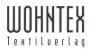 Logo von Wohntex. Weißer Untergrund mit schwarzem Schriftzug: "WOHNTEX Textilverlag".