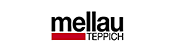 Das Logo von mellau TEPPICH. Es zeigt den Namen "mellau" in fetter, schwarzer Kleinschrift. Darunter befindet sich ein roter Balken, auf dem in kleineren, weißen Großbuchstaben das Wort "TEPPICH" steht.